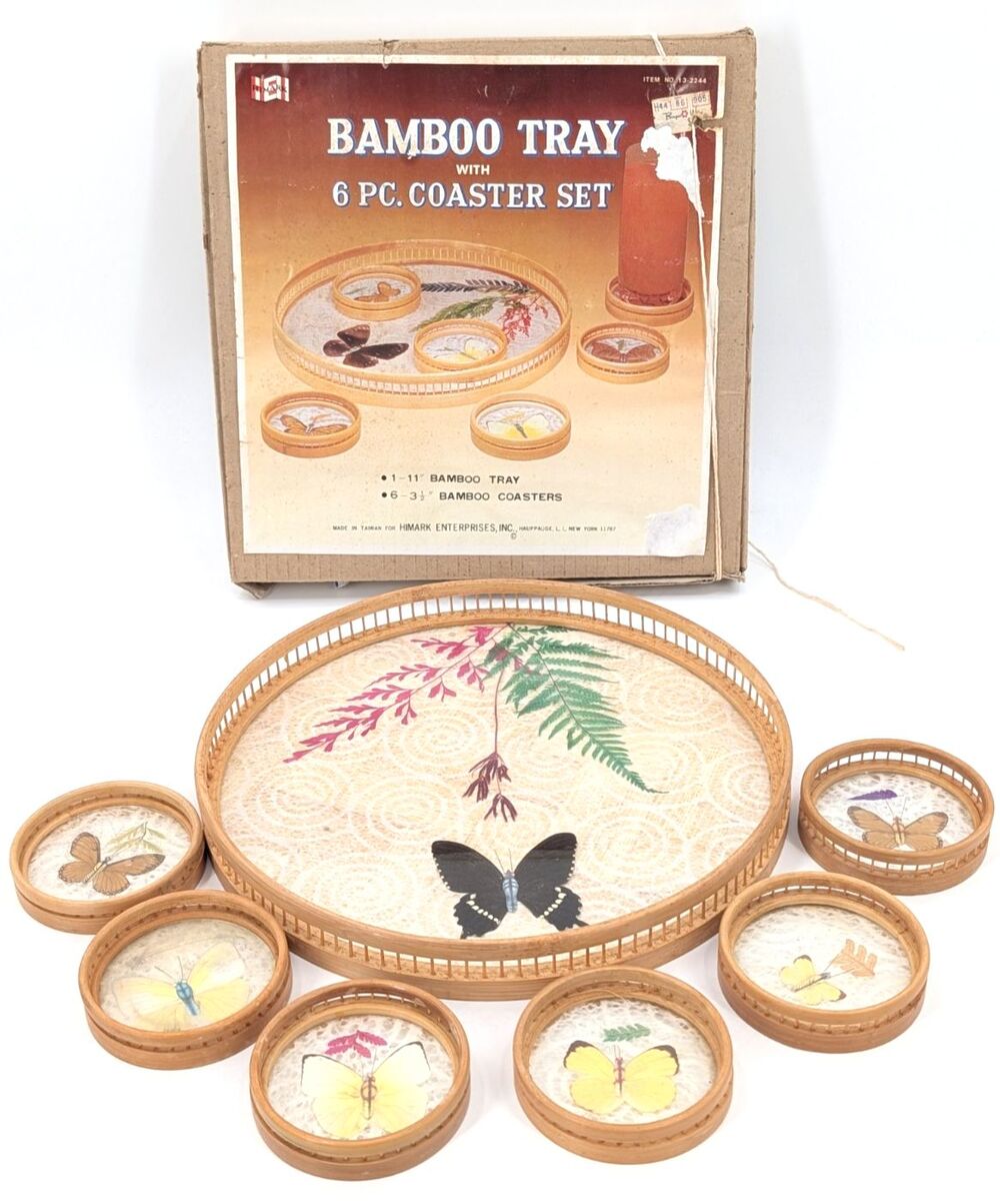 Himark Bamboo Tray Coaster Set Acrylic Pressed Butterfly Flowers 7 Pc Vintage
